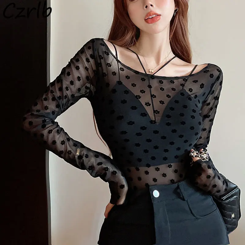 Mesh Blouses Women Flowers Thin Summer Sun-proof Slim Long Sleeve Crop Tops Sexy Club Harajuku Elegant Blusas Mujer for Ladies