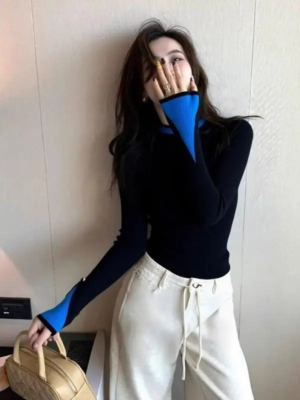 

Slim Fit Knitted Top Women's Early Spring New Design Color Blo Sve Cuffs Korean Sle Warm Inner Wear Casual Faion
