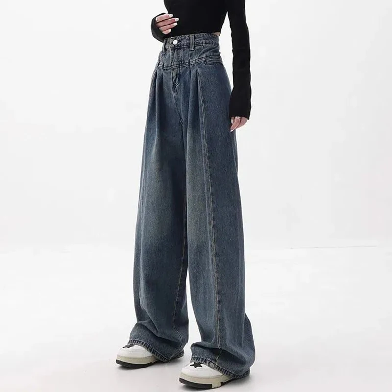 Dame Mode Dünne Hohe Taille Jeans Hosen Weibliche Baggy Bequeme Denim Hosen Mädchen Retro Breite Bein Jeans Hosen