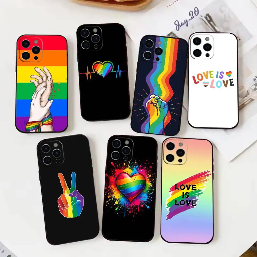 

Love is Love Rainbow Phone Case For iPhone 17,16,15,14,13,12,11 X XR Plus,Soft Silicone Black Cover