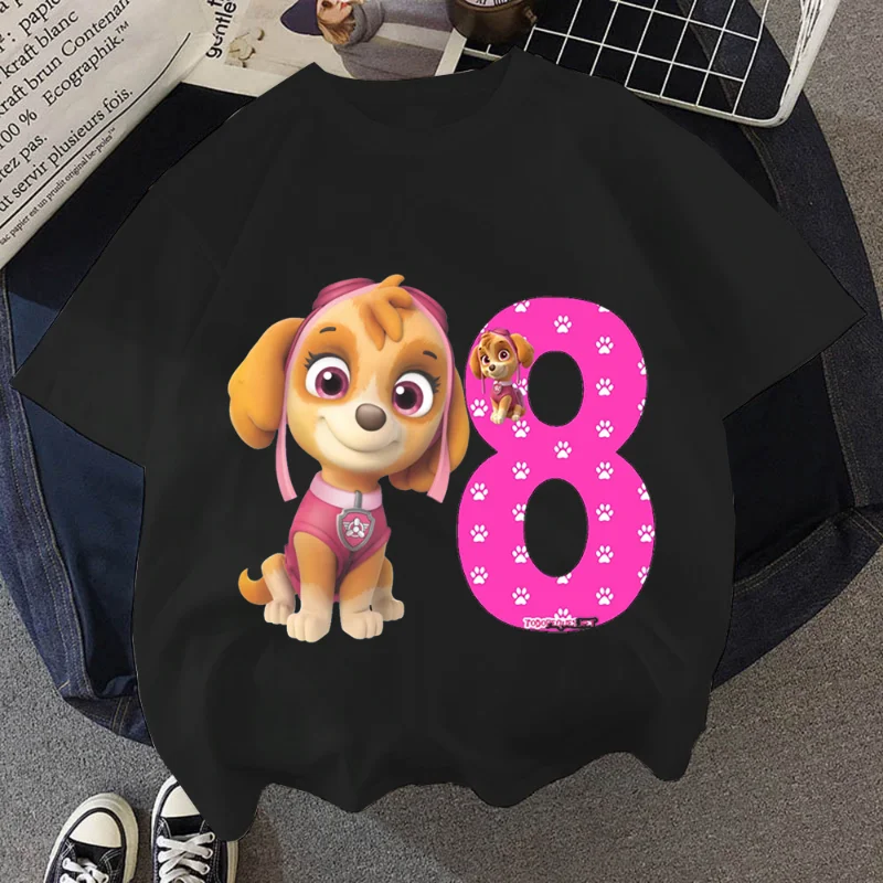 Paw Patrol Skye Puppy Dog T Shirt Happy Birthday Numbers 1-10 Years Children Girls T-shirts Summer Cute Kids Boys Clothes 2023