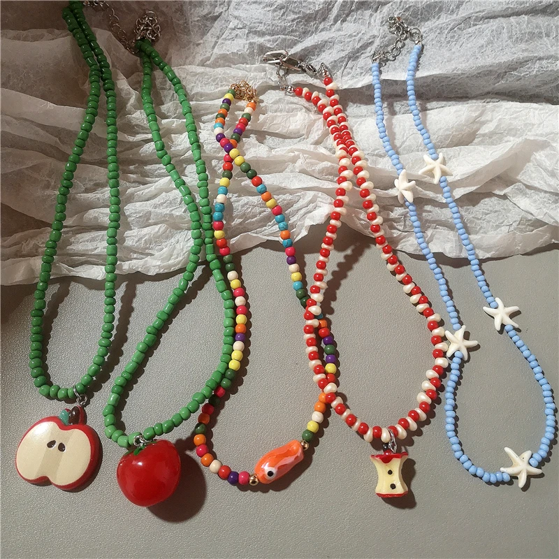 Boho Kpop Colorful Starfish Fruit Ceramic Fish Pendant Bead Choker Necklace For Women Sweet  Aesthetic Y2K Jewelry Accessories