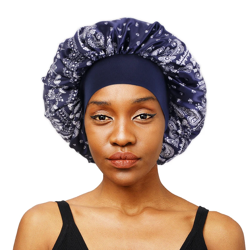 Women Paisely Pattern Satin Wide Band Bonnet Elastic Night Sleep Cap Hair Loss Hat Head Wrap Beauty Hair Protect Head Cover