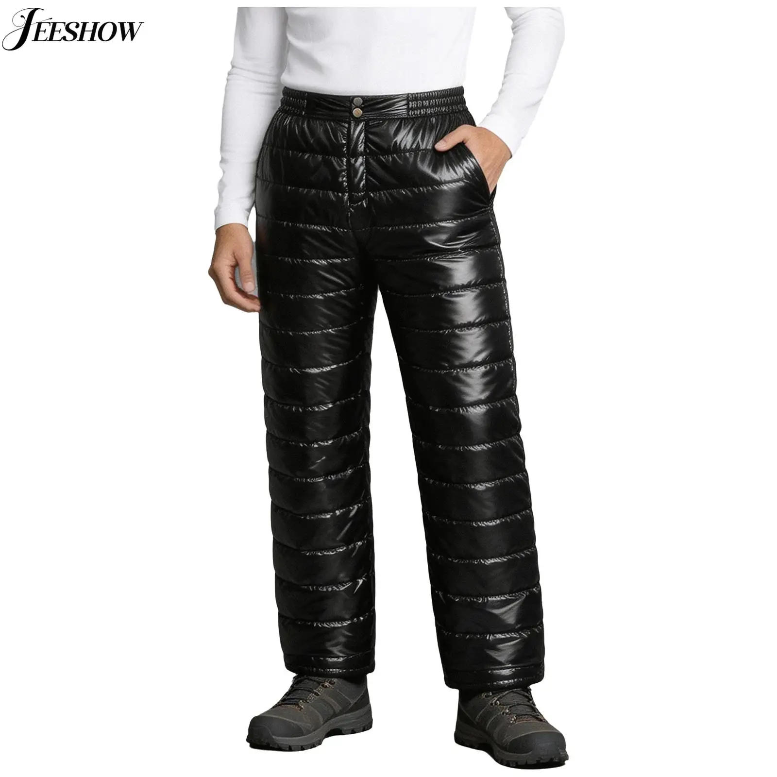 Mens Quilted Padded Long Pants Lightweight Packable Solid Color Elastic Waistband Straight Leg Thermal Trousers with Pockets