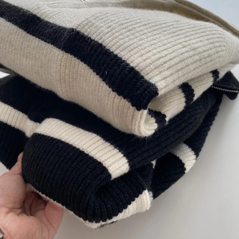 2024 Autumn/Winter New Half Zipper Casual Navy Stripe Sweater Thickened Small Casual Versatile Lazy Style Knitted Sweater