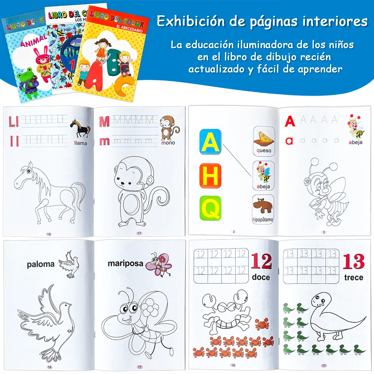 Spanish children's coloring book, ABC letters and animal themes, Montessori thick paper, for children aged 3 to 6 to learn