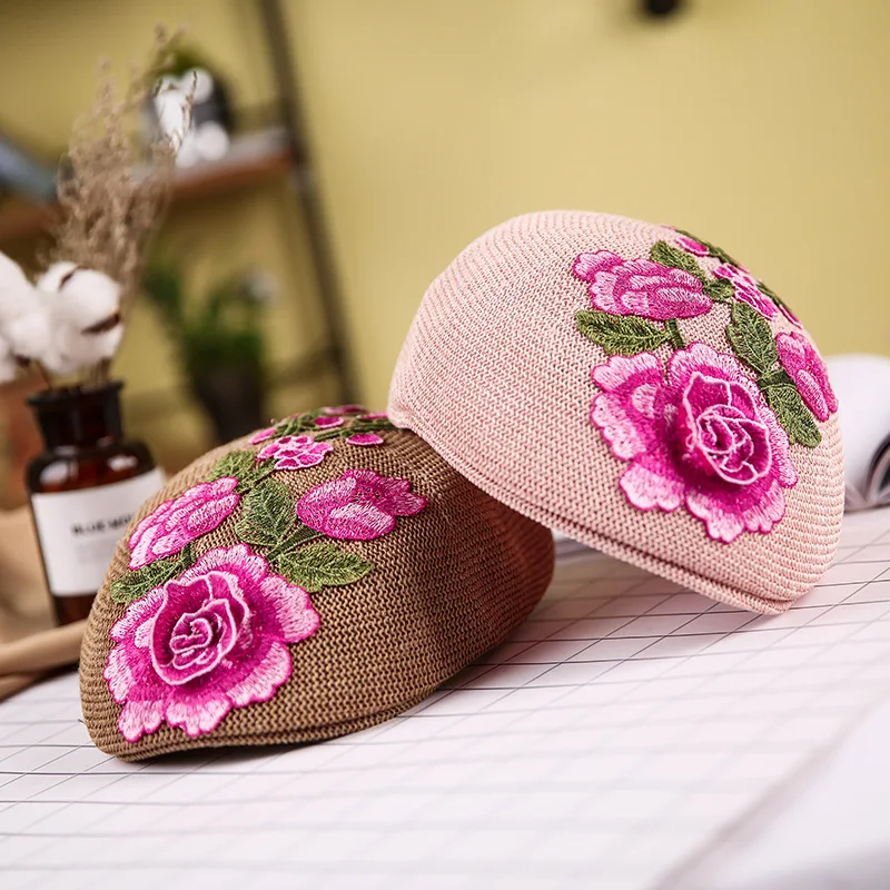 

Женские береты, шляпы, соломенная кепка с цветочной вышивкой в этническом стиле, солнцезащитный козырек, шляпа художника, классические ретро-коричневые, белые кепки в литературном стиле