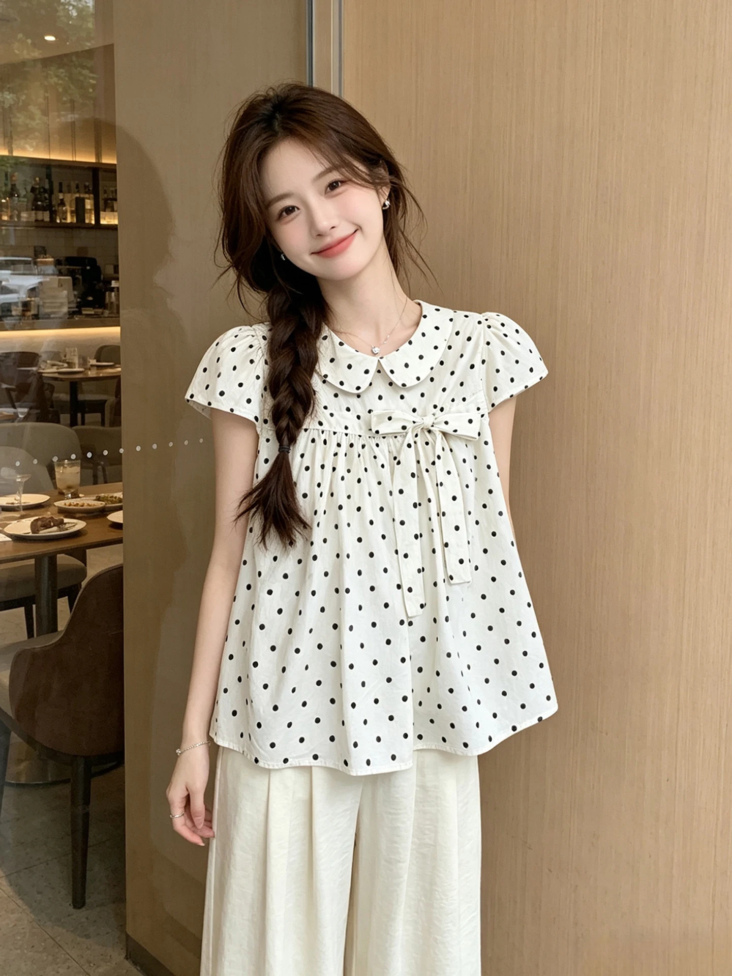 

Sweet Polka Dot Doll Collar Short Sleeve Women's Summer Shirt Knot Loose Slimming Top Korean Style Breathable Thin