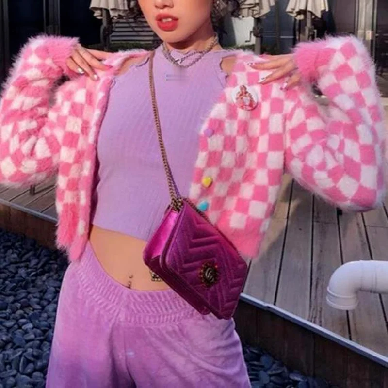 

Women Sweet E Girl Checkered Mohair Plaid Knitted Cardigans Spring New Pink Kawaii Crop Top Sweater Cardigan Y2k Gothic Harajuku