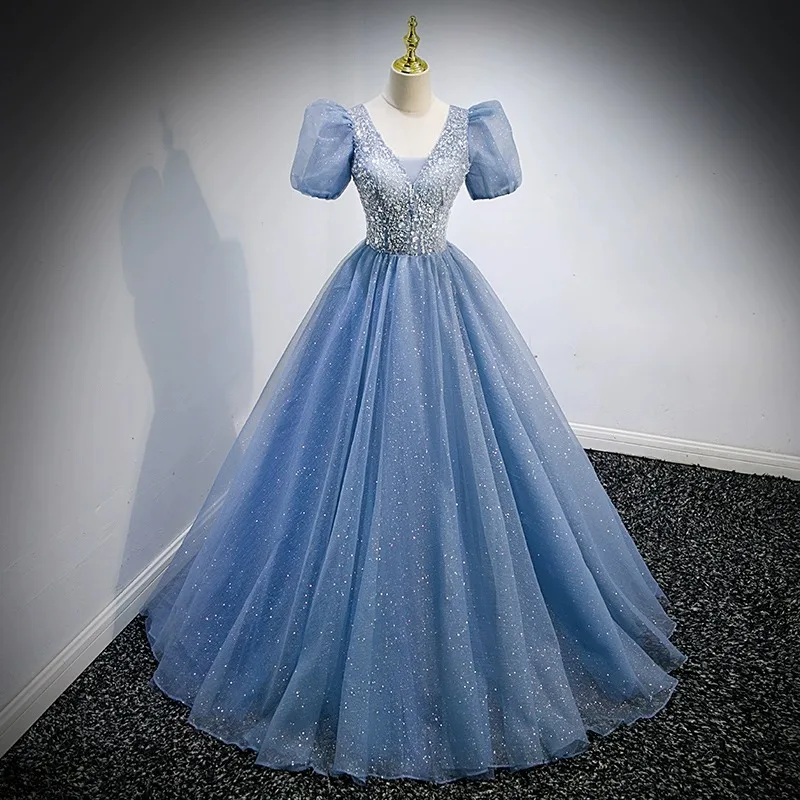 2025 Autumn New Blue Evening Dress Light Luxury Birthday Niche High End Sense Student Vocal Art Exam Annual Meeting Host
