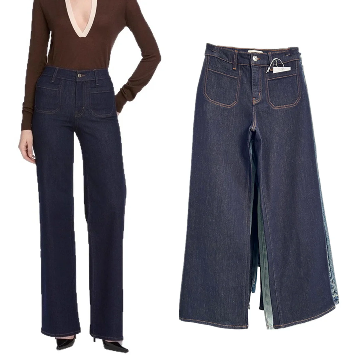 

Jenny&Dave French Elegant Women's Jeans Mid Waist Elastic Pocket Straight Fleece Thick Jeans Women's Denim Pants Woman Clothes