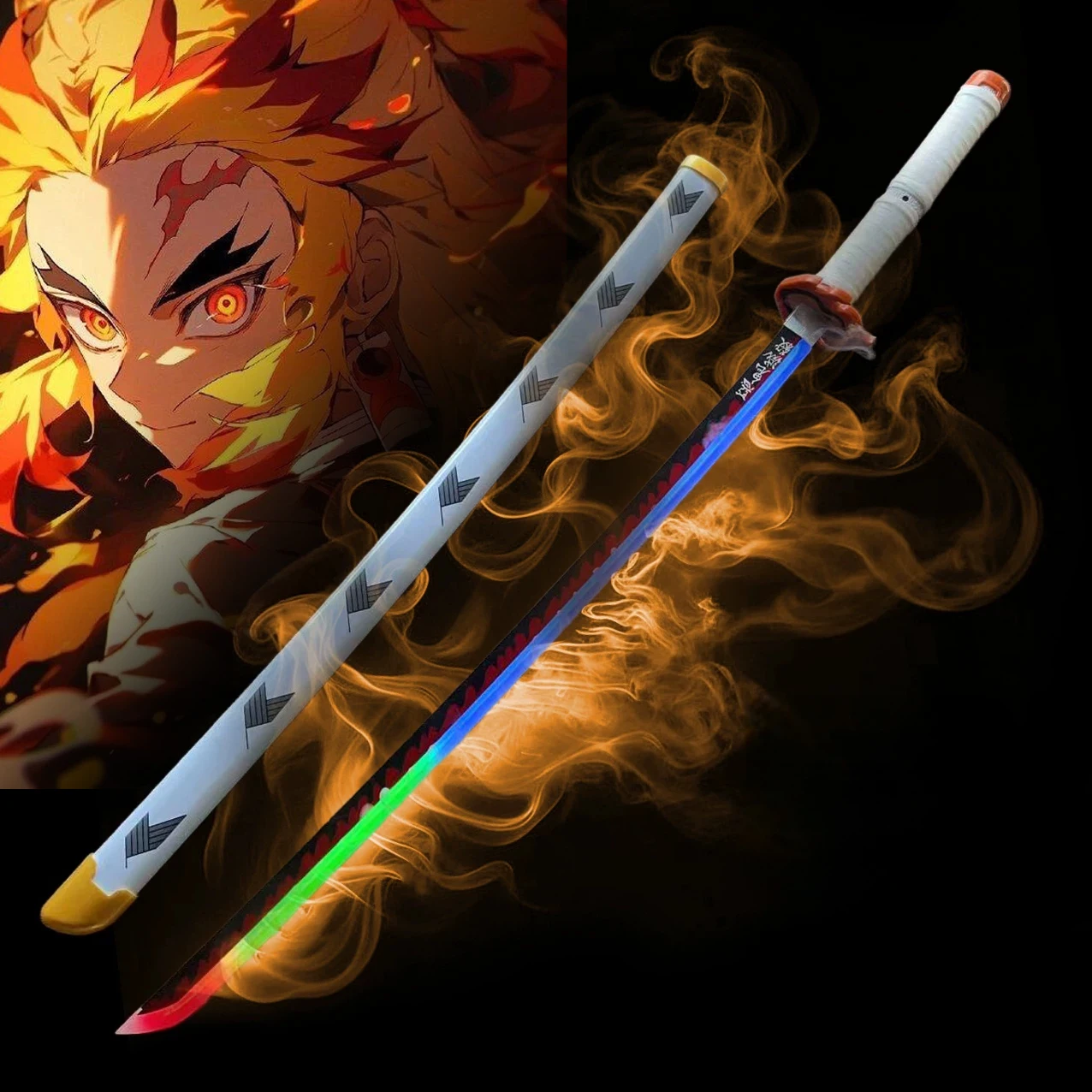 

40-дюймовый светящийся LED-меч Demon Slayer, катана, аниме-реквизит для косплея Ренгоку, полноразмерная японская катана, игрушечный самурайский меч-лягушка