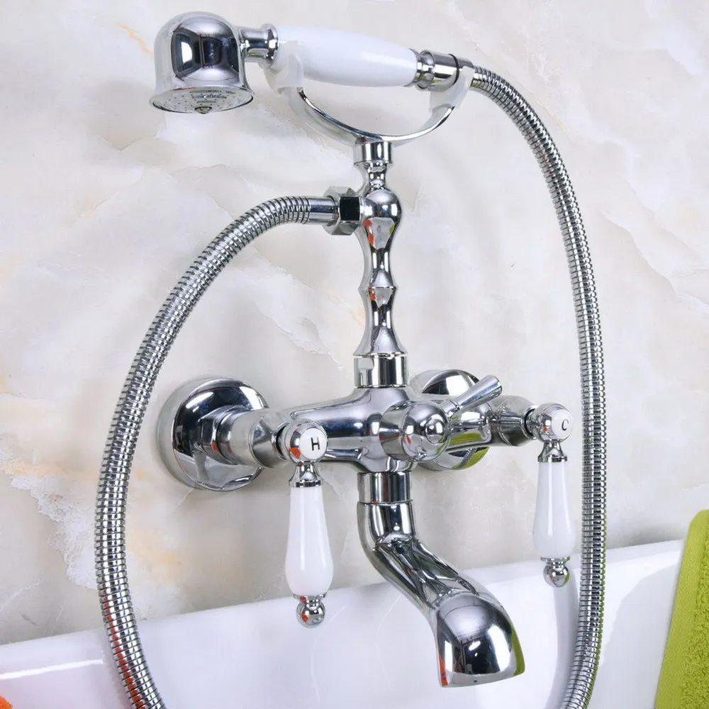 

Chrome Finish Bath Shower Faucet Set Dual Knobs Wall Mounted Bathtub Mixers with Handshower Swive Tub Spout