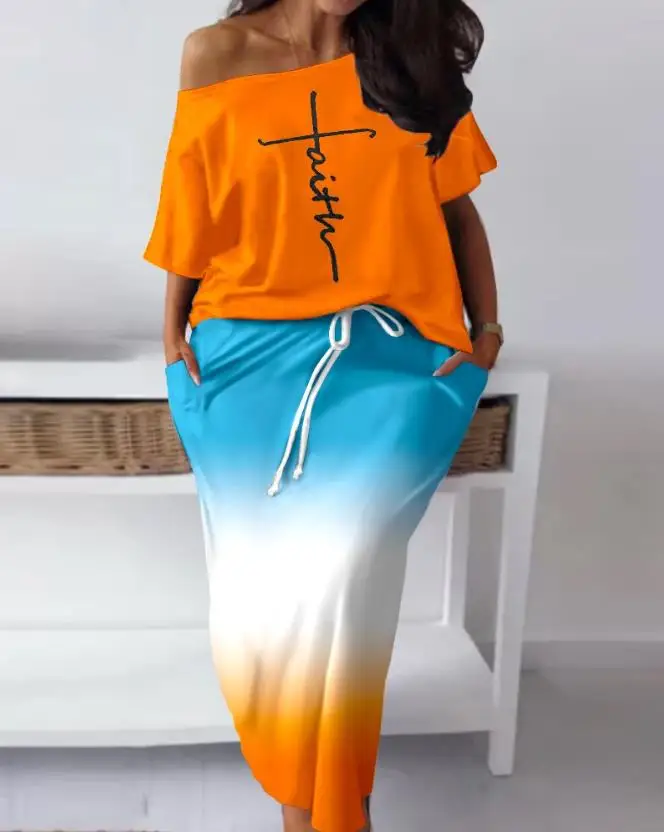 Conjunto de saia e top de manga curta com gola diagonal feminina, cachecol tamanho grande, estampa corrente, casual, verão, novo, 2022