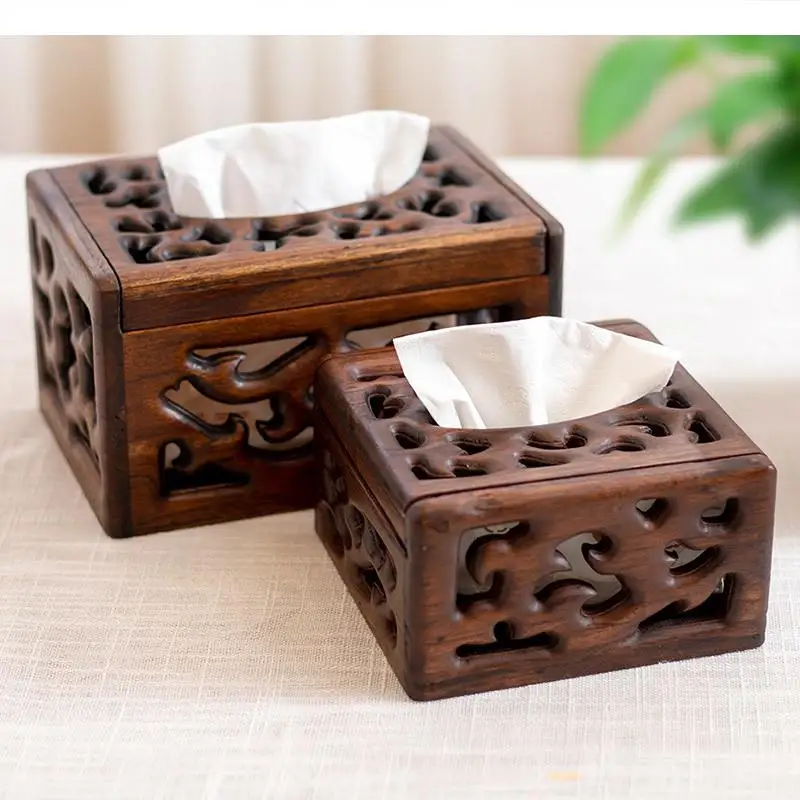 Retro Square Hollow Wooden Coffee Table Tray Living Room Bedrooom Household Solid Wood Paper Box Home Storage Tissue Boxes