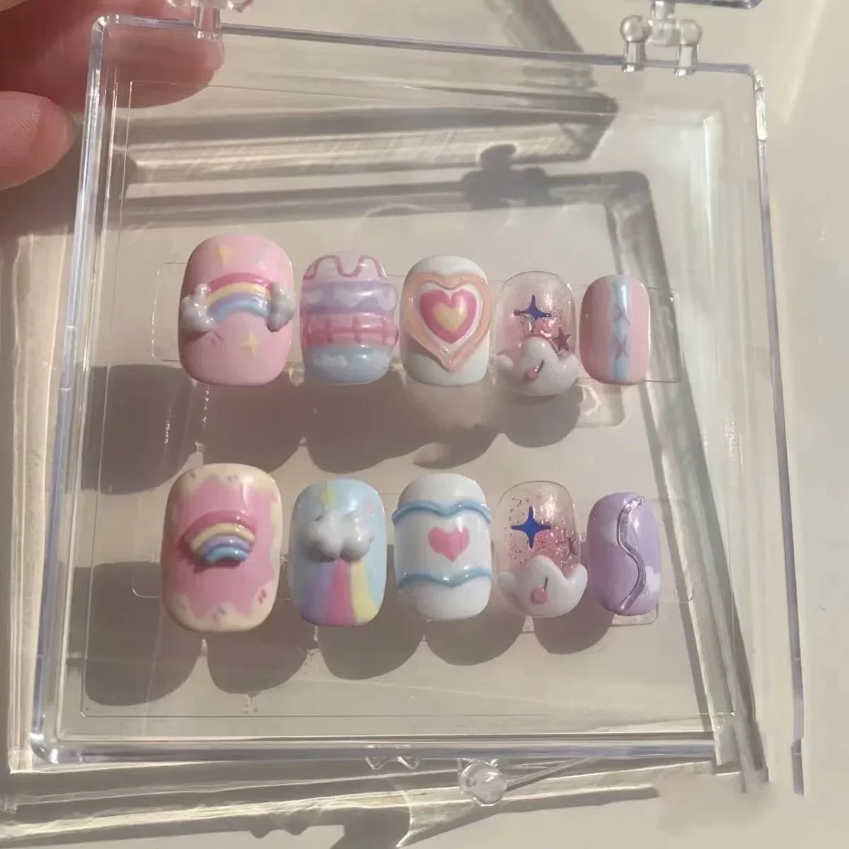 Press On Nails Handmake Dreamy and Cute Fairy Rainbow Round Wearable Fake Nail Patches That Are Removable and Reusable