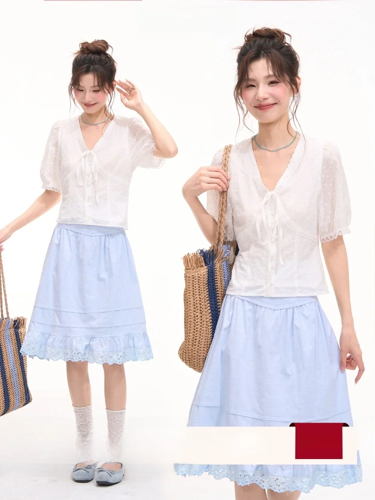 

Korean Style Short Sleeve Embroidered Lace V-Neck Shirt Women's Summer Top Floral Field Window Gentle Warmth Fashion Brand