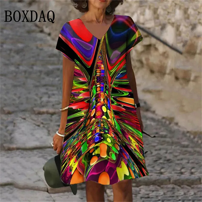 Summer Trend Optical Abstract Art Painting Dresses For 2023 Women Oversized Clothing Loose V-Neck Short Sleeve 3D Print Dress