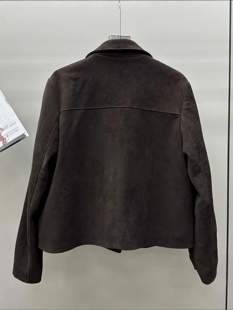 Autumn Women Suede Sheepskin Jacket Double Breasted Vintage Square Collar Design Genuine Leather Short Coat Long Sleeve Outwear