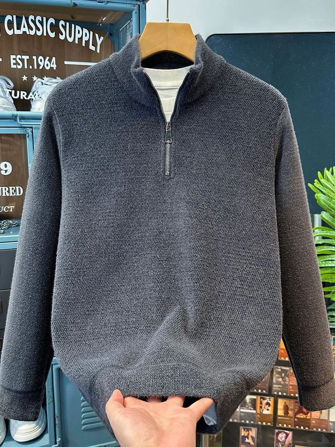 

Men's Knitted Sweater f Zipper Autumn Winter New Sle Inteated Fce anElle Collar Warm Casual Long Sve Top