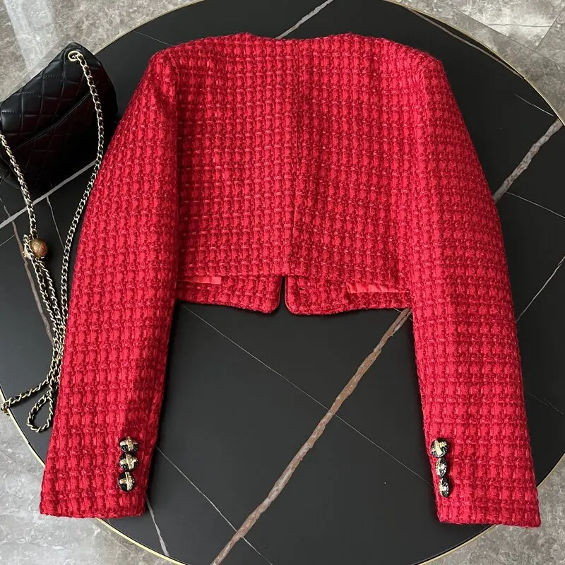 High Quality Chic Autumn Winter Red Woolen Short Jacket Coat Sweet Fashion Women O Neck Single Breasted Tweed Weave Cropped Tops