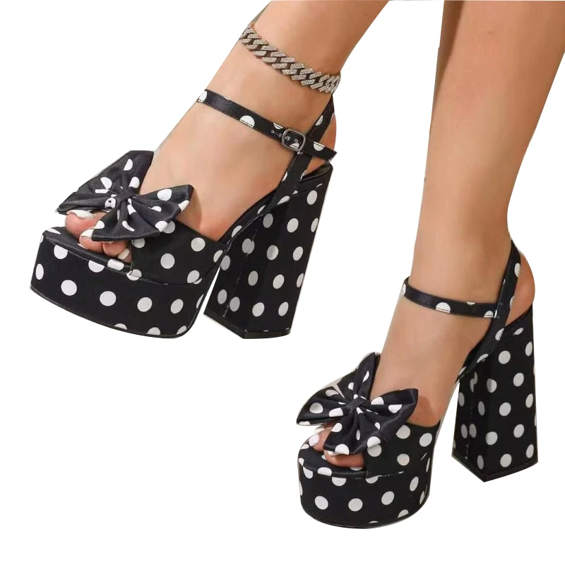 DIZHUANG Fashionable women's high-heeled sandals. Dot cloth sandals. About 12.5cm heel height. Coarse heeled sandals. size:34-46