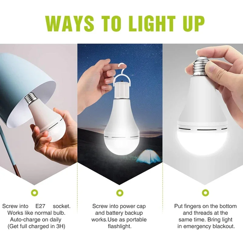 Hand-Held Emergency Lights Rechargeable Camping Light Bulbs  Outdoor Camping Tent Fishing Lighting Includes Hanging Hooks