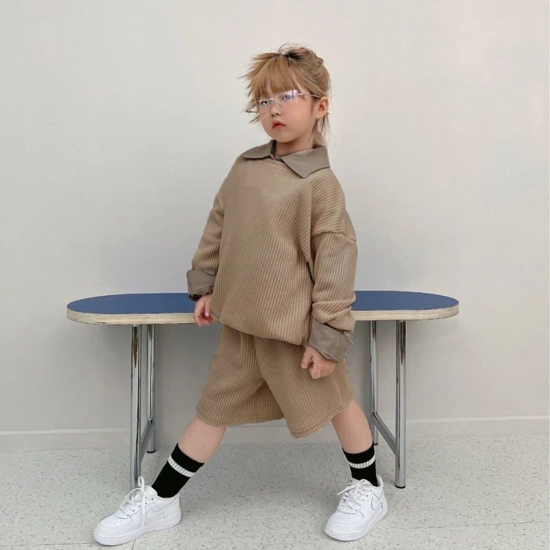 

2025 Autumn New Children's Fashion Casual Pit Strip Top T-shirt and Five Leg Shorts Two Piece Set
