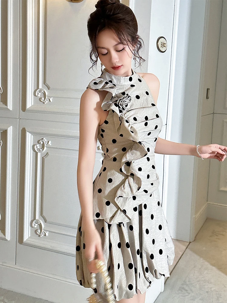 Elegante kawaii data vestido roupas femininas bonito chique doce dot babados flor halter dobras vestido plissado senhora festa clube vestidos