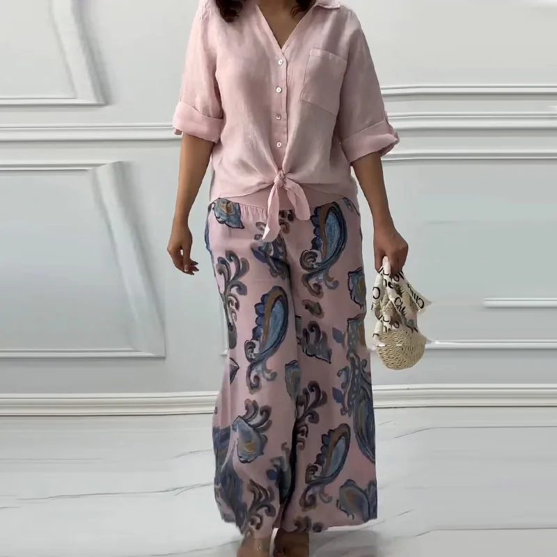 

Мусульманская рубашка, комплект из 2 предметов, женская блузка, широкие брюки, костюм, прямые брюки с принтом, ансамбль, карман, марокко, Дубай, повседневная одежда