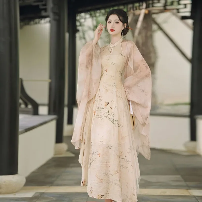 

Новое улучшенное платье Cheongsam в китайском стиле, женское летнее темпераментное платье Cheongsam с юбкой на талии, длинное платье