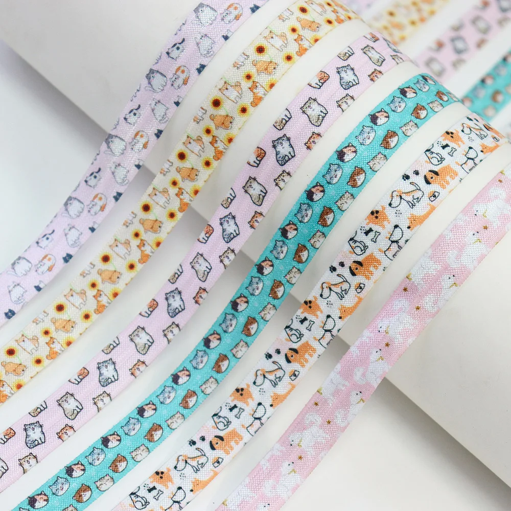 

5/8'' 15mm Cartoon Pet Cats Dogs Printed Spandex FOE Band Fold Over Elastic Ribbon For Headband DIY Sewing Accessories