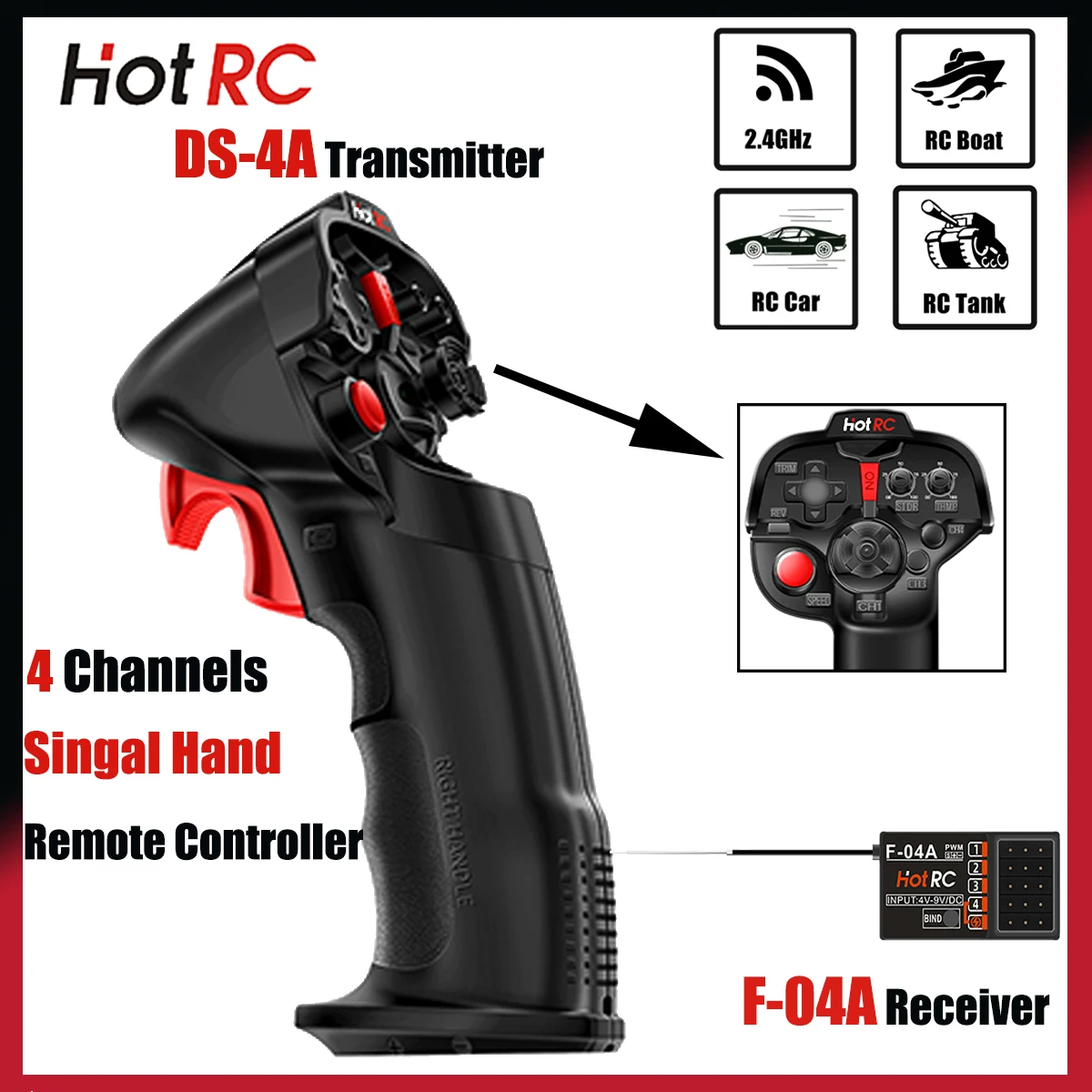 HotRC DS4A 2.4G 4CH รีโมทคอนโทรลวิทยุระบบ 4 V-9 V เครื่องส่งสัญญาณ F-04A ตัวรับสัญญาณ PWM สําหรับ RC รถถังเรือ Drone เครื่องบิน Part