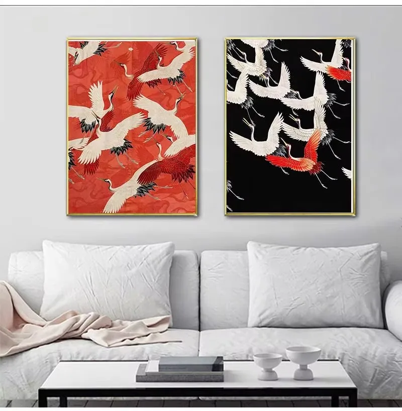 Poster Retro Flying Crane Couple Animal Wall Art Prints for Modern Living Room Home Decor Gifts 2pcs/set Black Heron Art Canvas