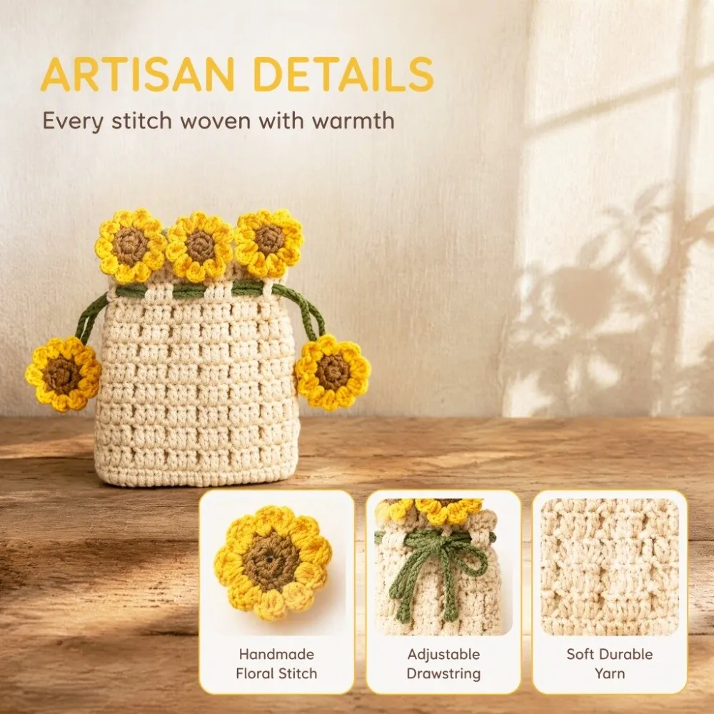 Handwoven Sunflower Design Organizer Pouch Adjustable Rope Tie Closure Fabric Pouch Crochet Coin Purse Card Key Storage