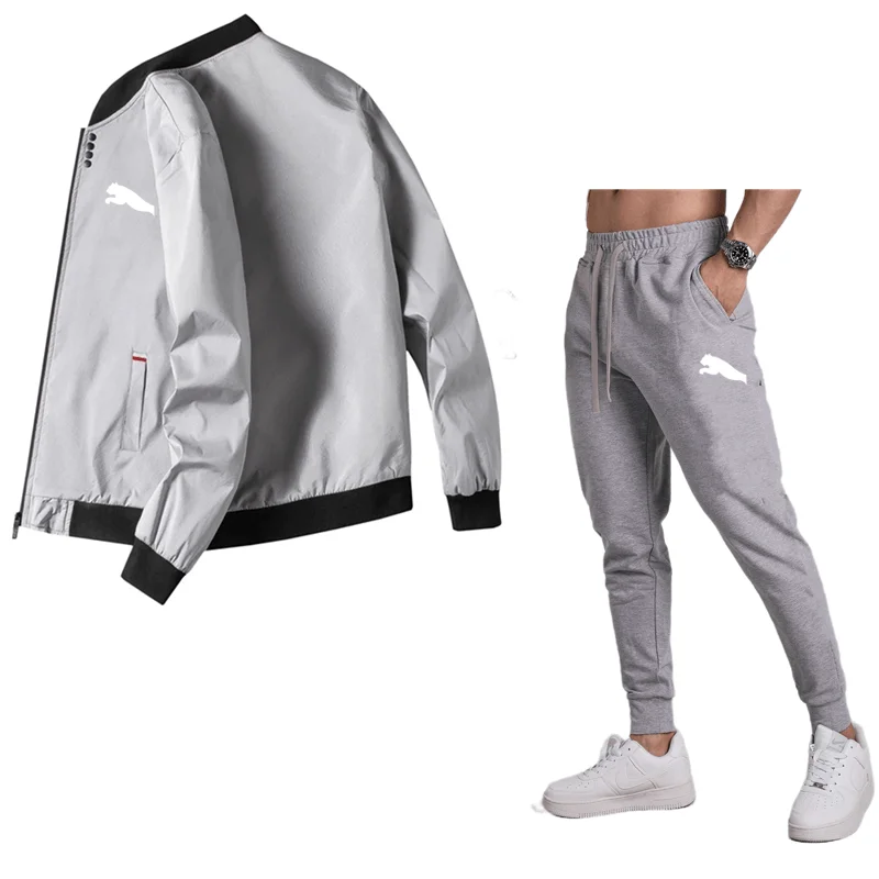 Giacca casual da uomo primavera e autunno nuovo stile tinta unita confortevole giacca antivento alla moda stile cerniera + pantaloni