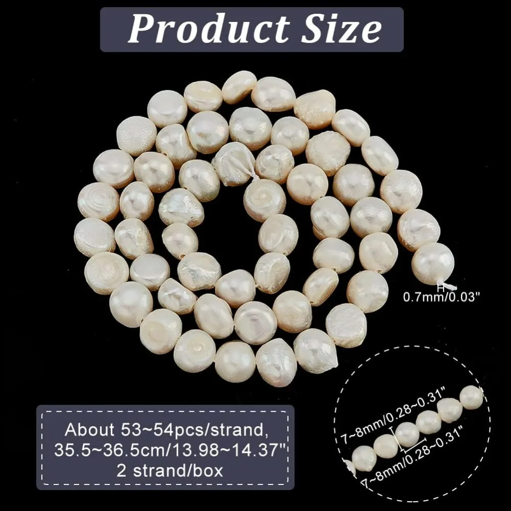 2 Strands About 106 Pcs Natural Freshwater Pearl Beads, 7~8mm Two Sides Polished White Freshwater Pearl Loose Irregular Pearl