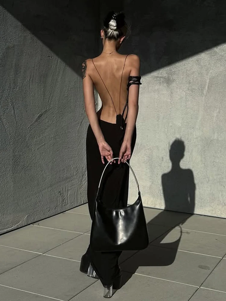 ชุดเดรสยาวแฟชั่นเซ็กซี่ Kliou สำหรับผู้หญิง คอต่ำ แขนกุด ตกแต่งโลหะ โชว์หลัง สไตล์สาวฮอต แนวสตรีท คลาสสิก ทรงเข้ารูป