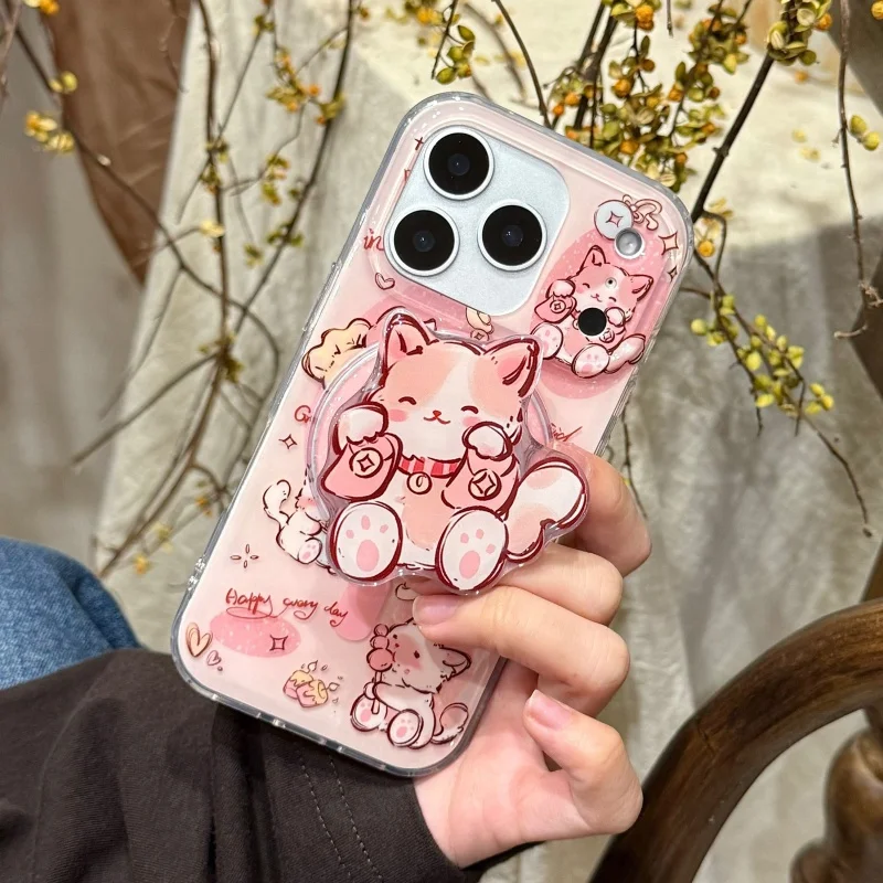 

Funny Cute Lucky Get Rich Cat Magnetic Phone Case For iPhone 17 Pro 16 15 14 Pro Max Cover with Stand For Magsafe Protective Cas