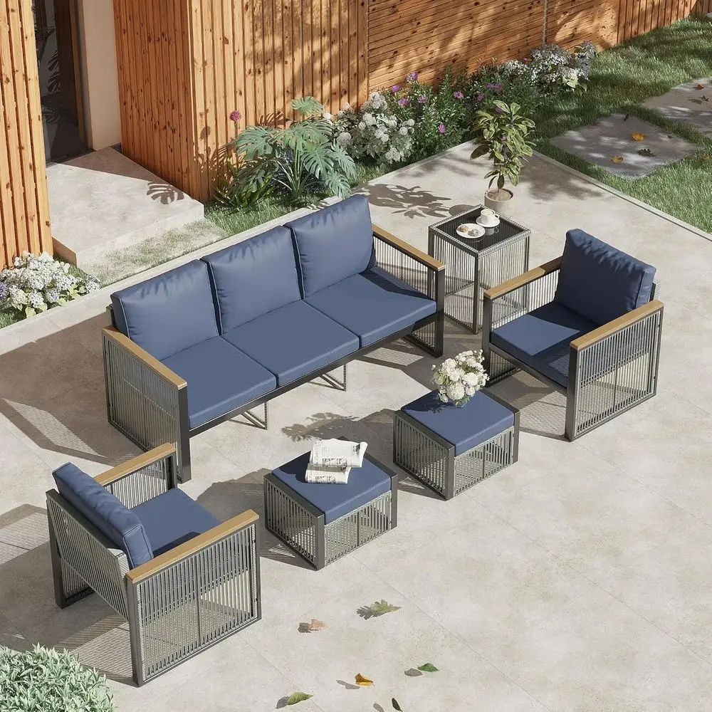 

6-Piece Metal Patio Furniture Set with Blue Cushions for Outdoor, Deck, or Balcony
