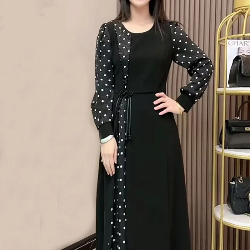 Fashion O-Neck Button Polka Dot Fake Two Pieces Midi Dress Women\'s Clothing Autumn New Loose Office Lady Vintage Dresses
