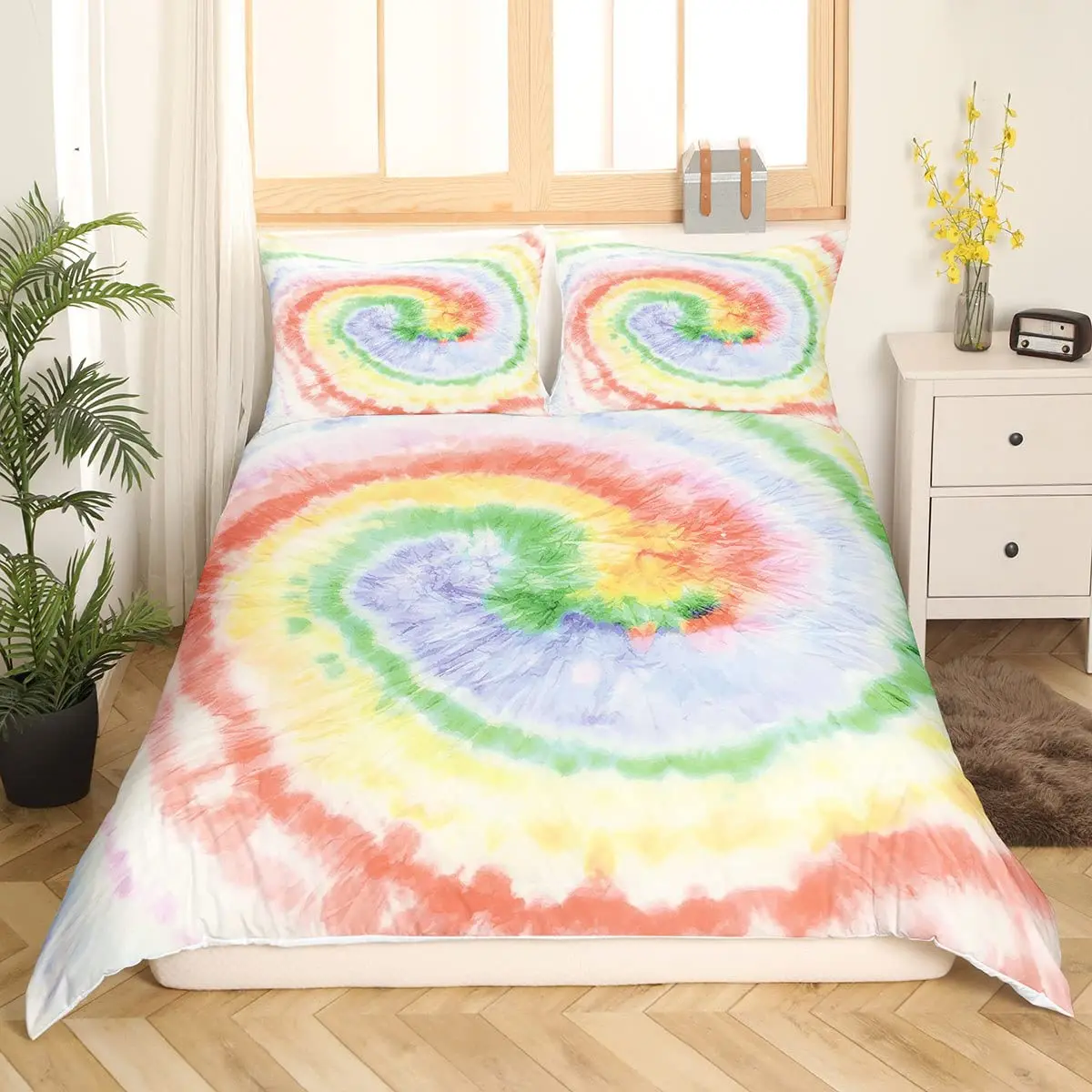 Rainbow Tie Dye Duvet Cover King Queen Colorful Spiral Comforter Cover Watercolor Bedding Set for Kids Boys Girls Microfiber