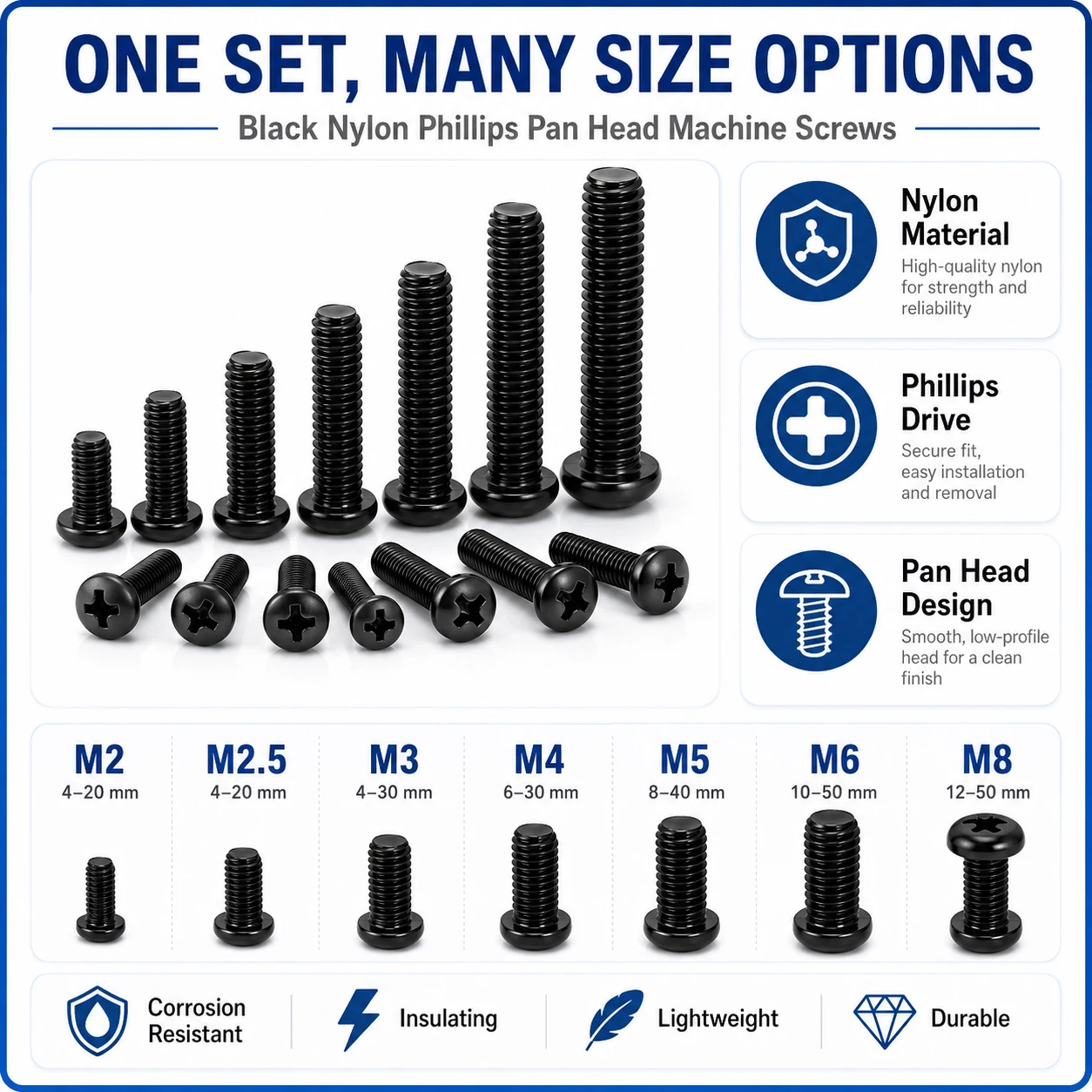 25Pcs M2-M8 Black Nylon Cross Recessed Pan Head Screws, Insulated Bolts for PCB, Electronic Devices & Instrumentation