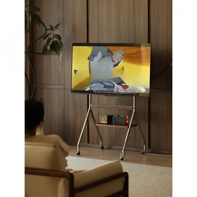 Double Layer Display Stand Movable TV Stand Solid Wood Stainless Steel Height