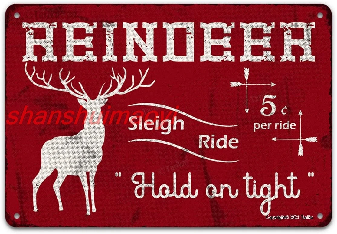 Reindeer Sleigh Ride 5 Cent Per Ride Hold On Tight Funny Vintage Metal Tin Sign Wall Decor for Home, Farmhouuse, Bar, Restaurant