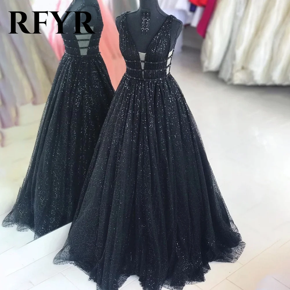 RFYR Black Tank Prom Dress A Line Deep V Neck Celebrity Dresses Sequin Women\'s Evening Dress Glitter Shining Formal Gown 프롬 드레스