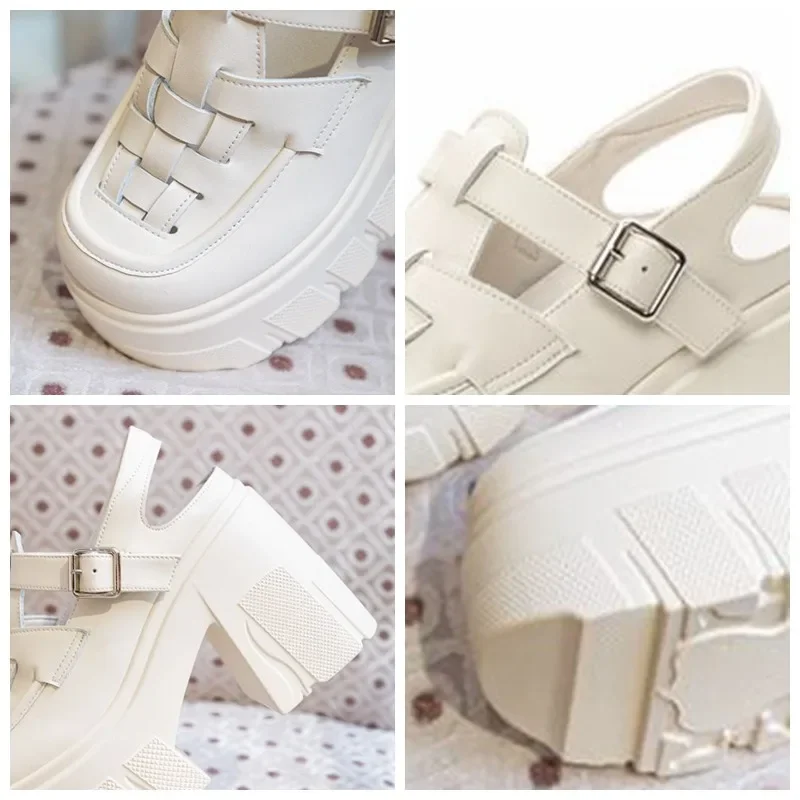 Krasovki 11cm Weave Patent Genuine Leather Ankle Boots Mary Jane Buckle Platform Chunky Heels Breathable Pumps Summer Shoes image 3