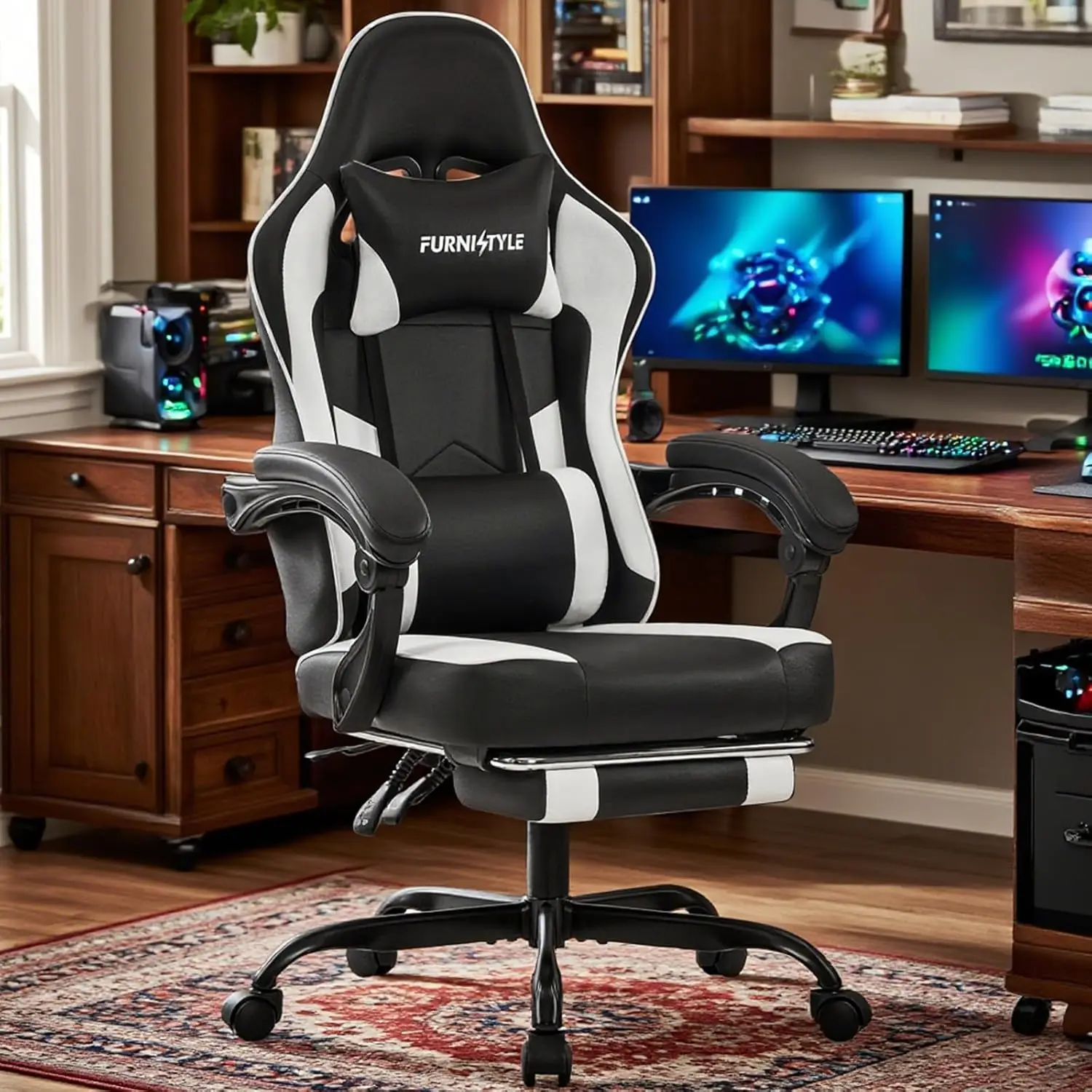 

Chair for Adults and Teens, Ergonomic Leather Video Game Chairs with Footrest, Wide Seat, Reclining Back, Neck & Lumbar Supp