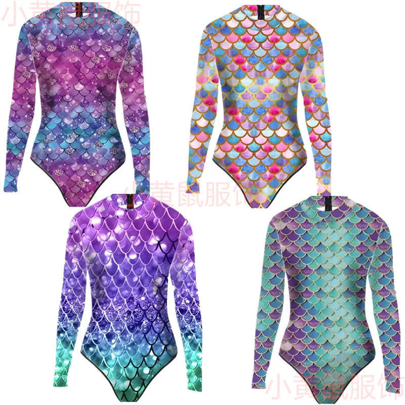 Green And Purple Swimsuit Women\'s Long Sleeve One-piece Zipper Swimsuit Printed Fish Scale Mermaid Swimsuit Women\'s Swimsuit