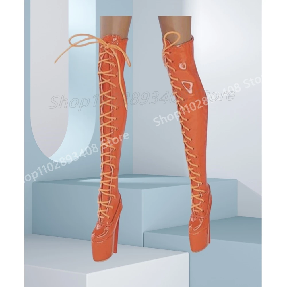 Orange Shiny Leather Front Lace-up Long Boots Stiletto High Heel Platform Over Knee Strappy Sexy Women Shoes 2025 Para Mujere